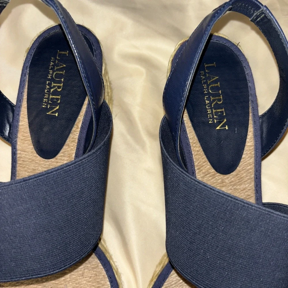LRL Ralph Lauren 10 B Carminda Navy Blue Wedge Sandals Espadrille Jute Slingback